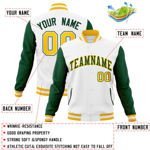 Veste Letterman Varsity Full-Snap à manches raglan personnalisées blanc vert-or