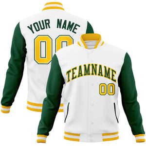 Custom White Green-Gold Raglan Sleeves Varsity Full-Snap Letterman Jacket