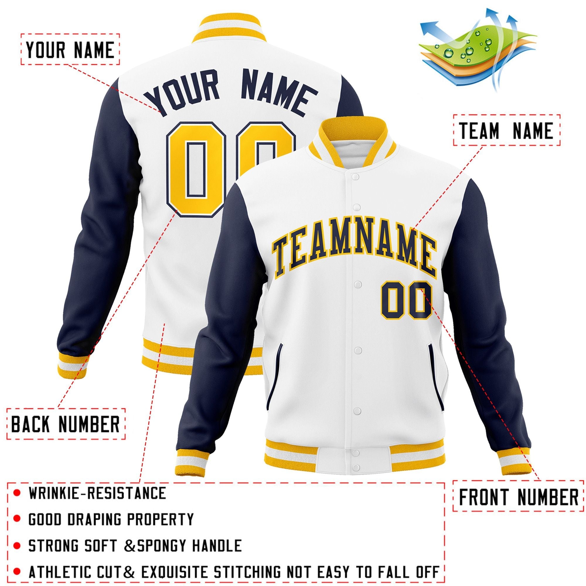 Veste Letterman Varsity à manches raglan blanches et dorées personnalisées