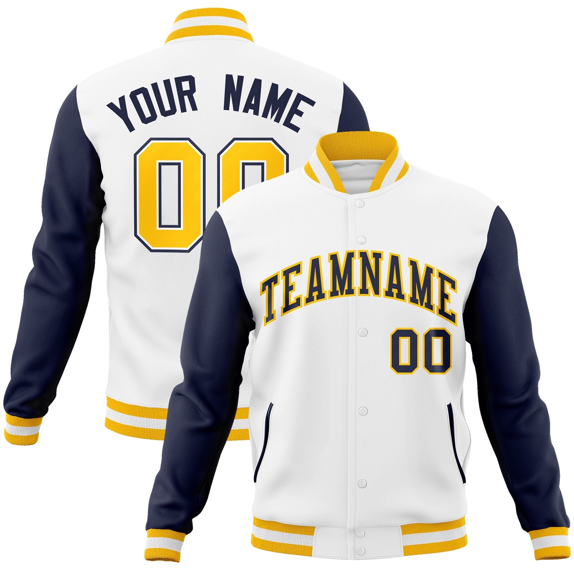 Custom White Navy-Gold Raglan Sleeves Varsity Full-Snap Letterman Jacket