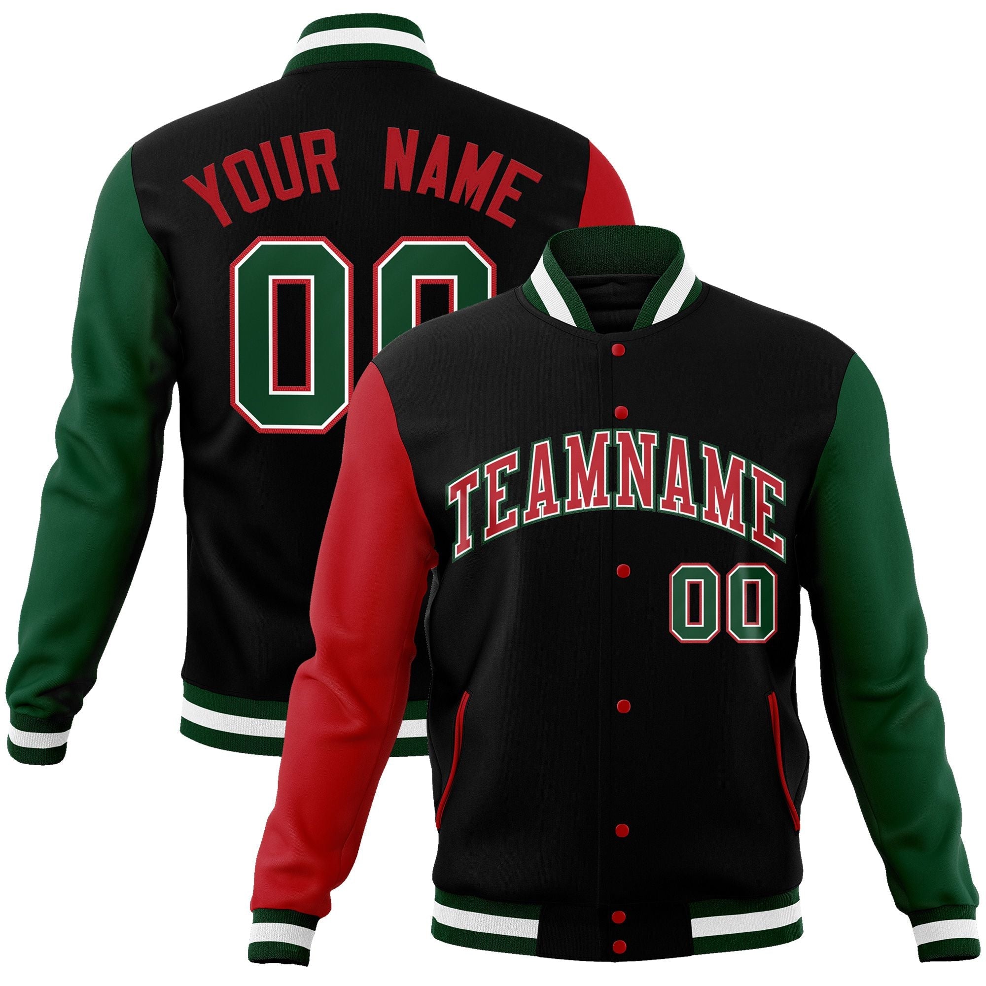 Custom Black Red-White Raglan Sleeves Varsity Full-Snap Letterman Jacket