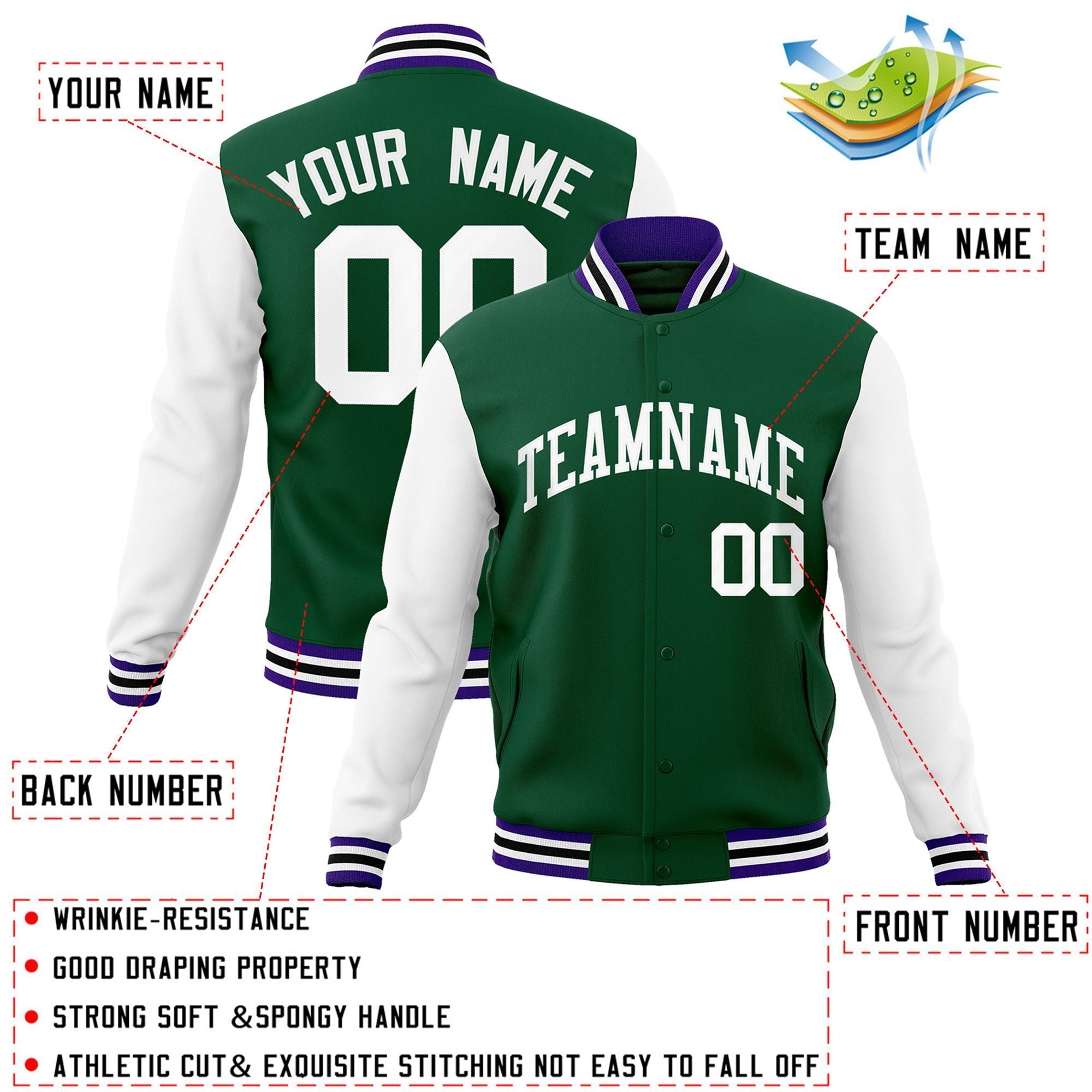 Custom Green White Raglan Sleeves Varsity Full-Snap Letterman Jacket