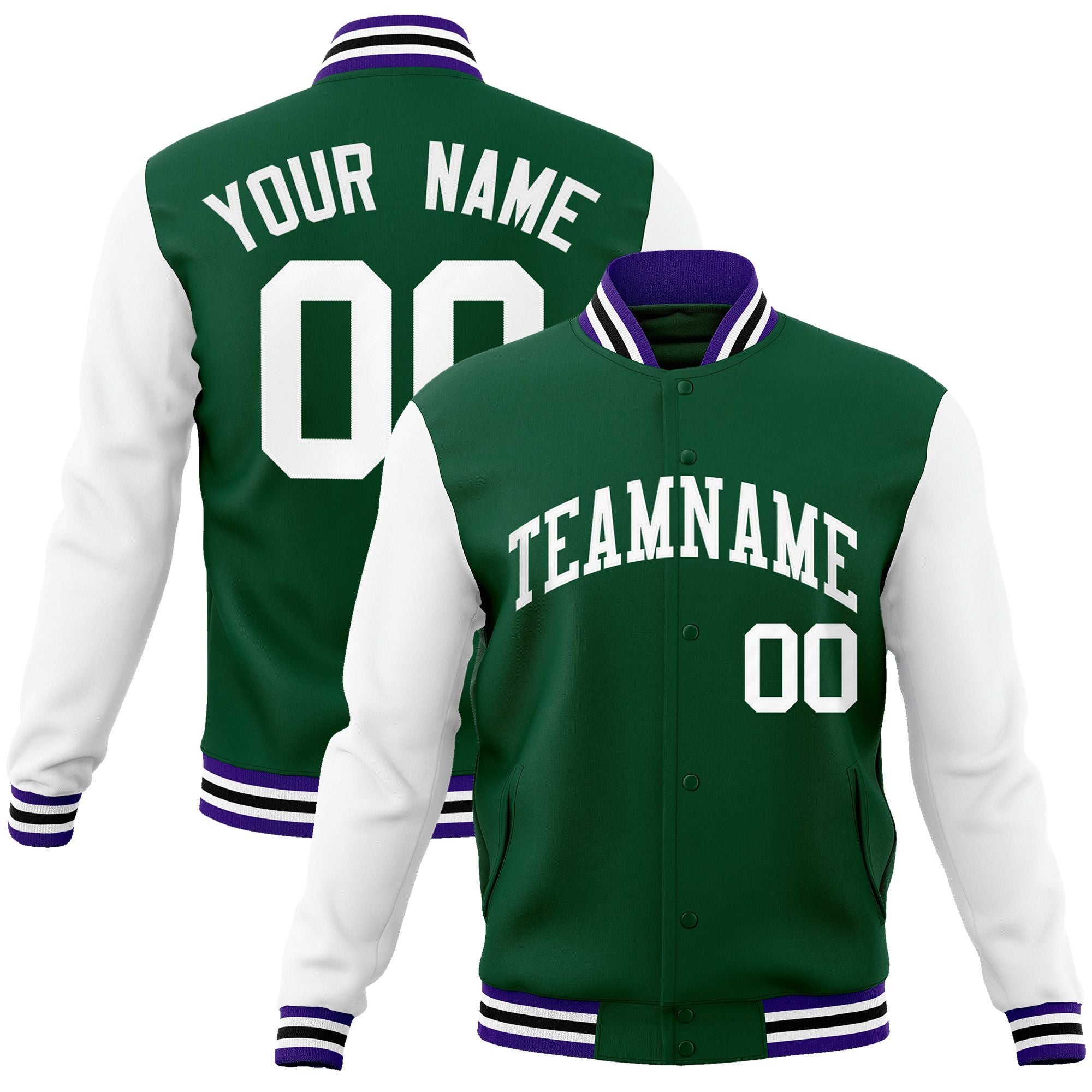 Custom Green White Raglan Sleeves Varsity Full-Snap Letterman Jacket