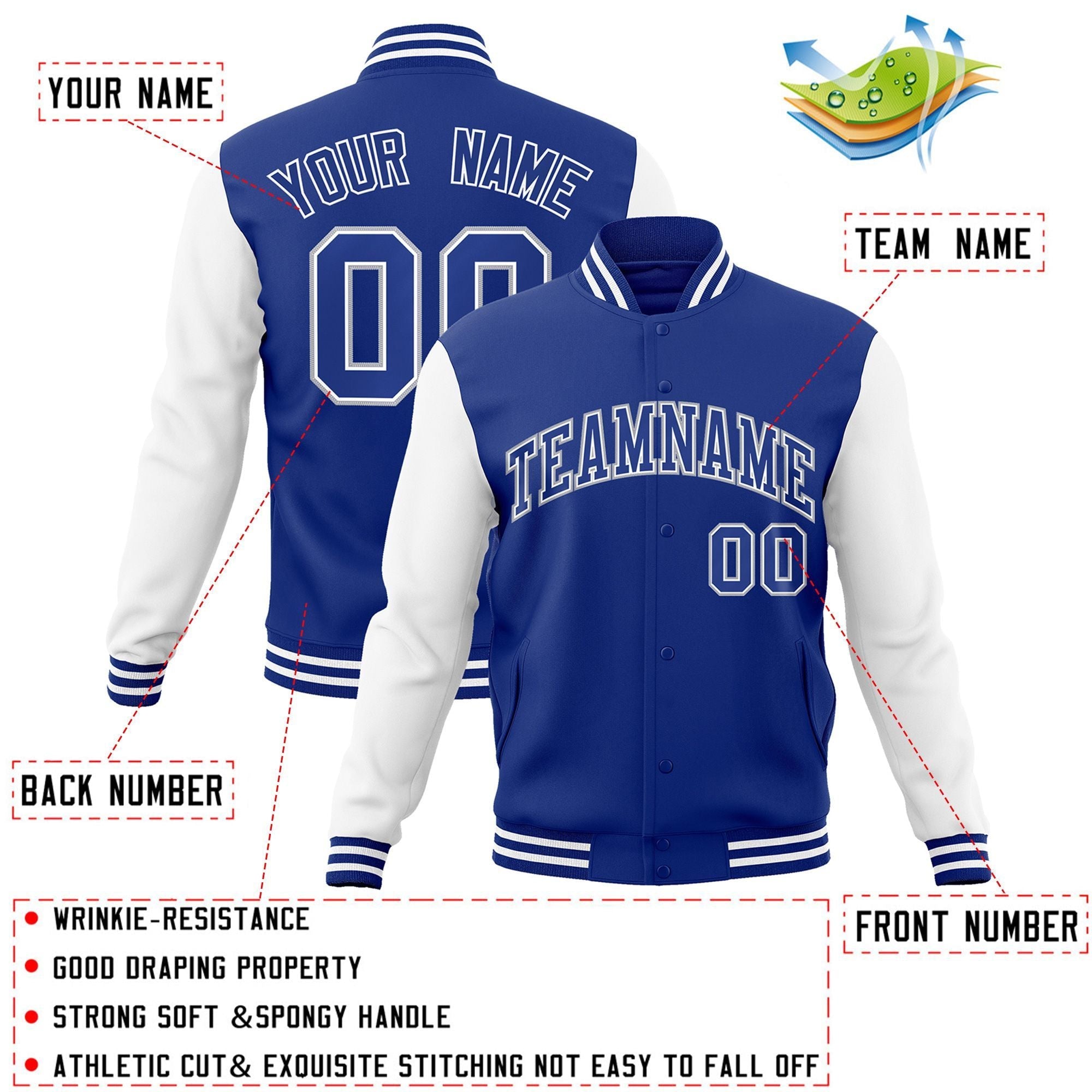 Custom Royal Royal-White Raglan Sleeves Varsity Full-Snap Letterman Jacket