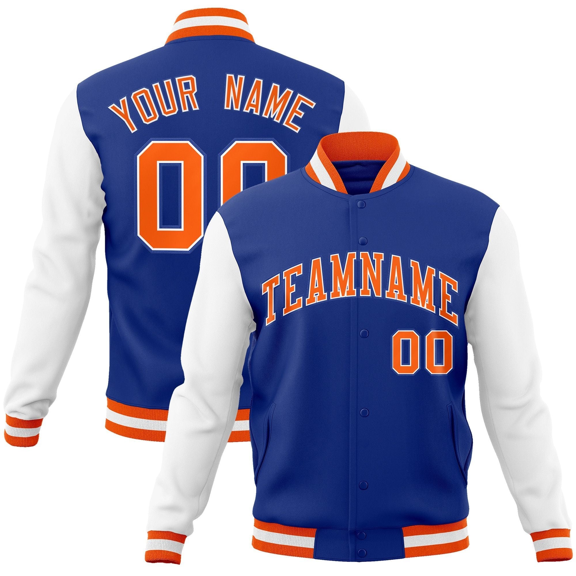 Custom Royal Orange-White Raglan Sleeves Varsity Full-Snap Letterman Jacket