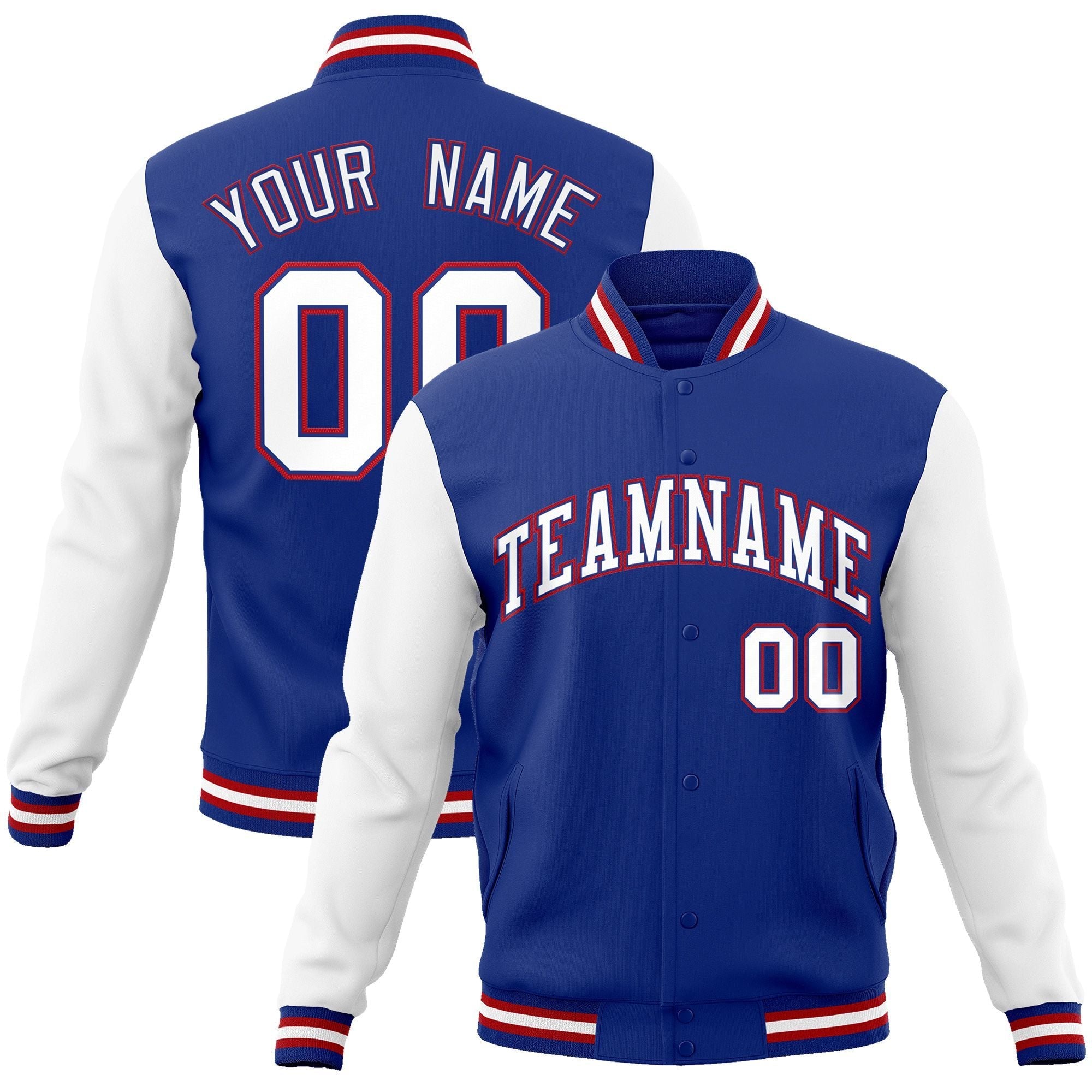 Custom Royal White-Royal Raglan Sleeves Varsity Full-Snap Letterman Jacket