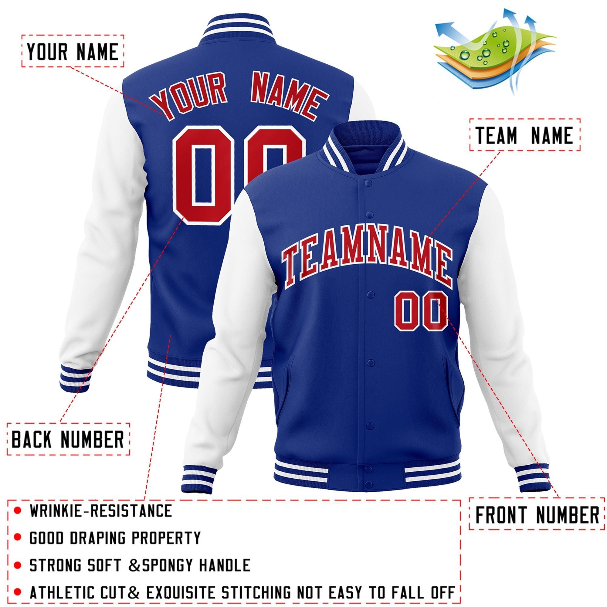 Custom Royal Red-White Raglan Sleeves Varsity Full-Snap Letterman Jacket