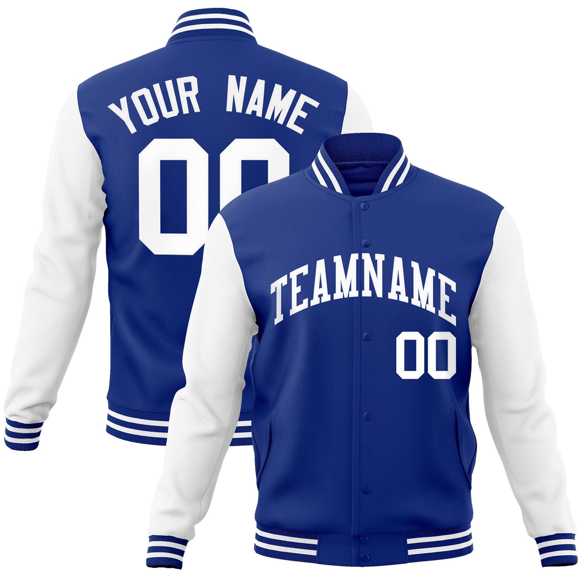 Custom Royal White Raglan Sleeves Varsity Full-Snap Letterman Jacket