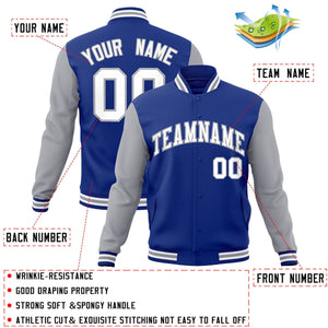 Veste Letterman Varsity Full-Snap personnalisée à manches raglan blanc-gris royal