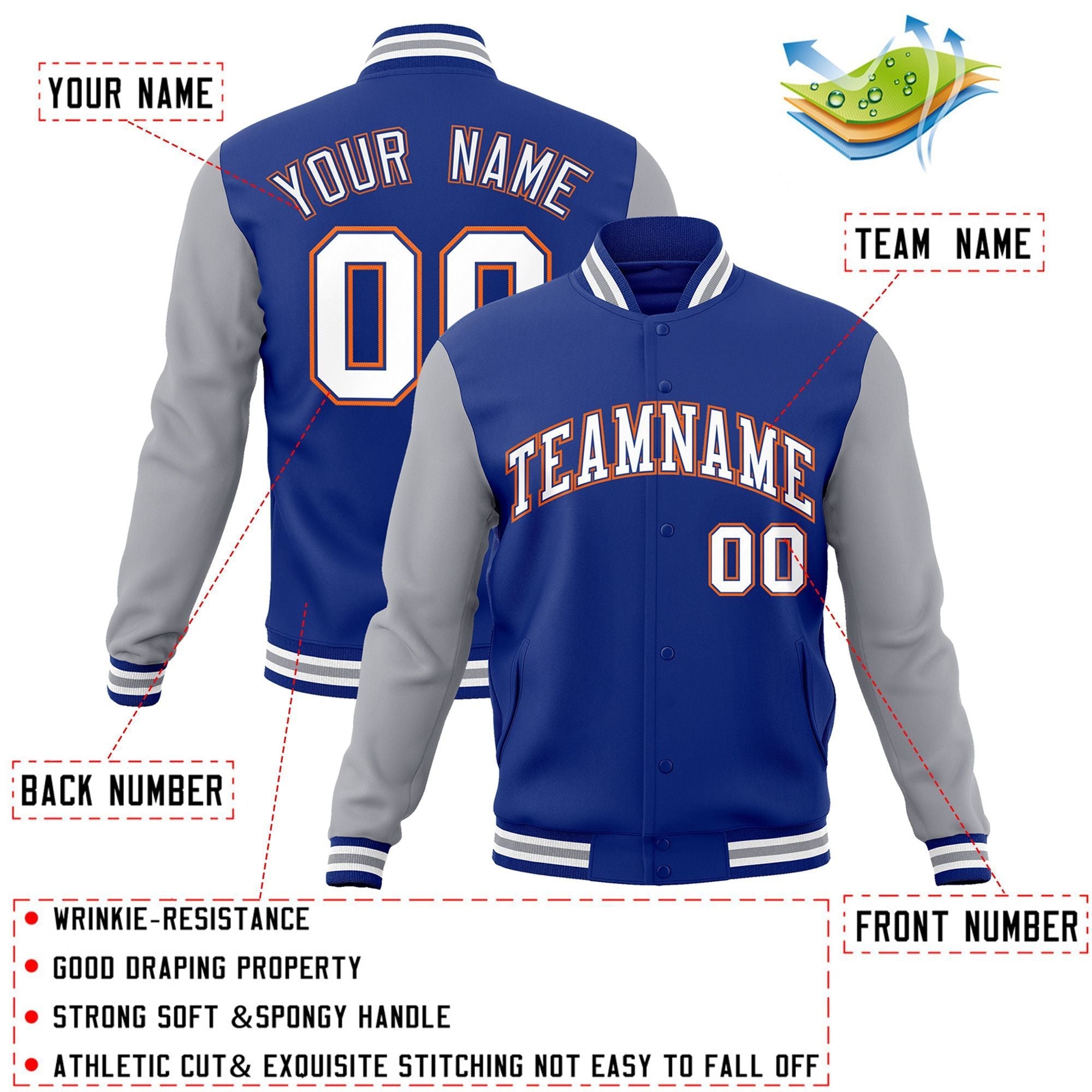 Custom Royal White-Royal Raglan Sleeves Varsity Full-Snap Letterman Jacket