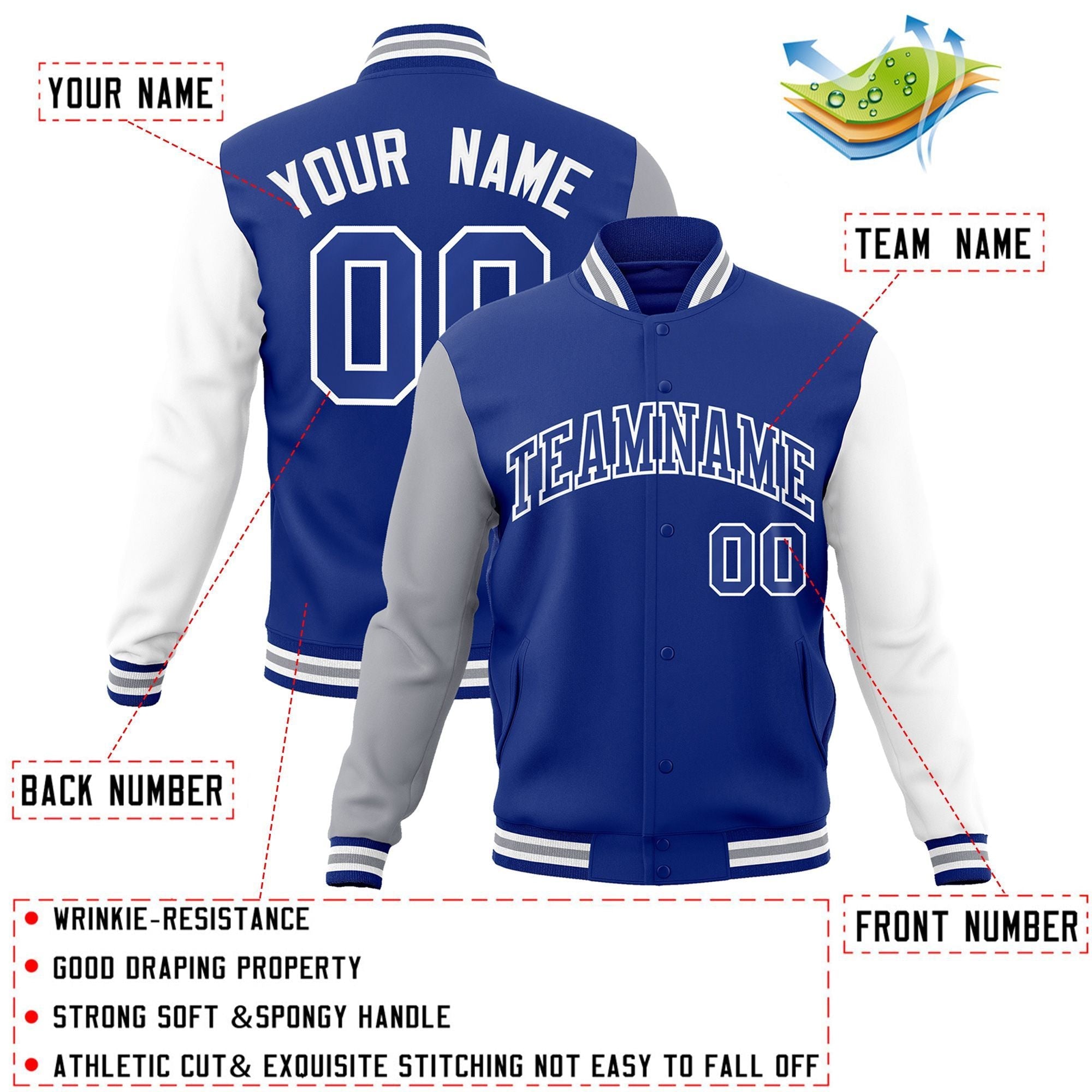 Custom Royal Royal-White Raglan Sleeves Varsity Full-Snap Letterman Jacket