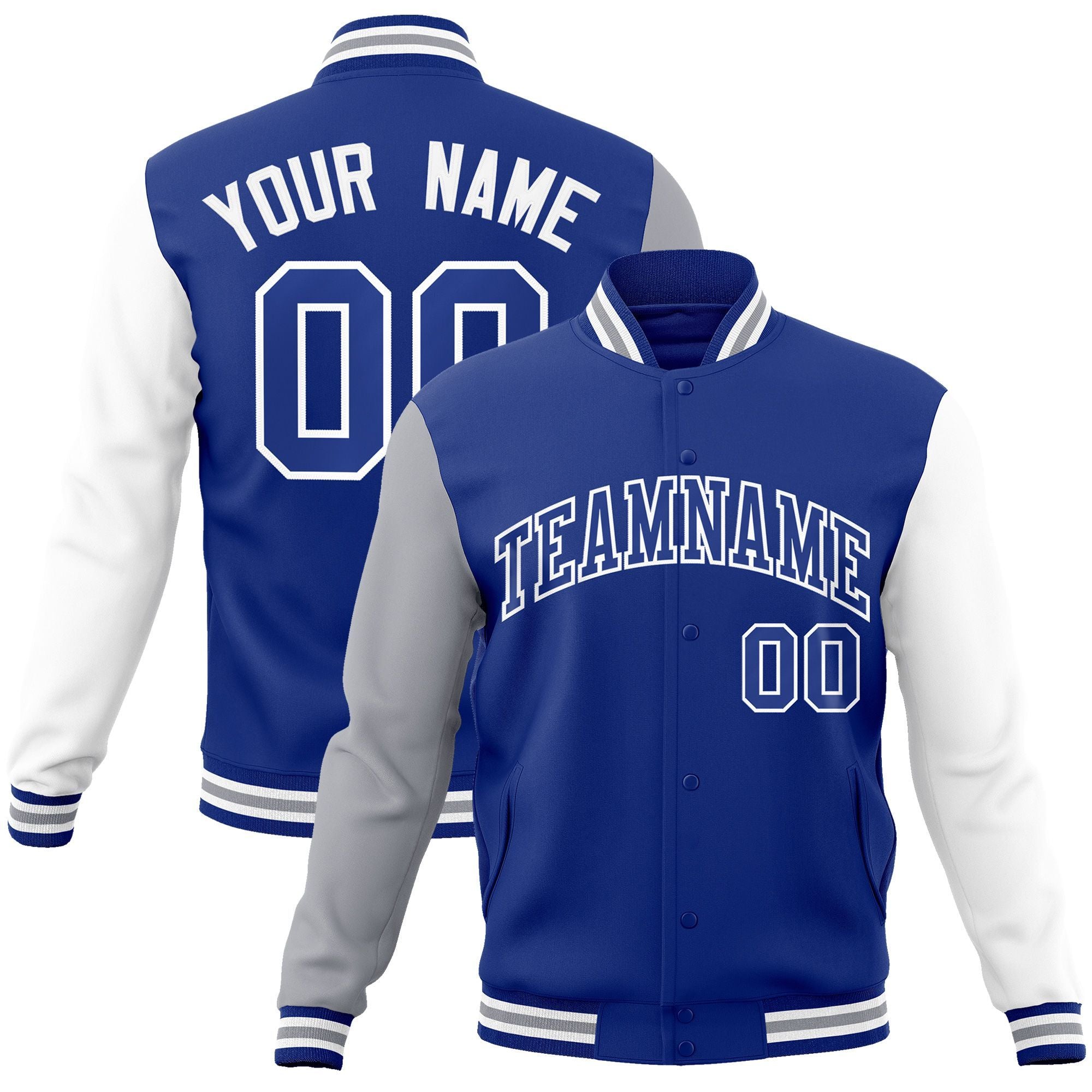 Custom Royal Royal-White Raglan Sleeves Varsity Full-Snap Letterman Jacket