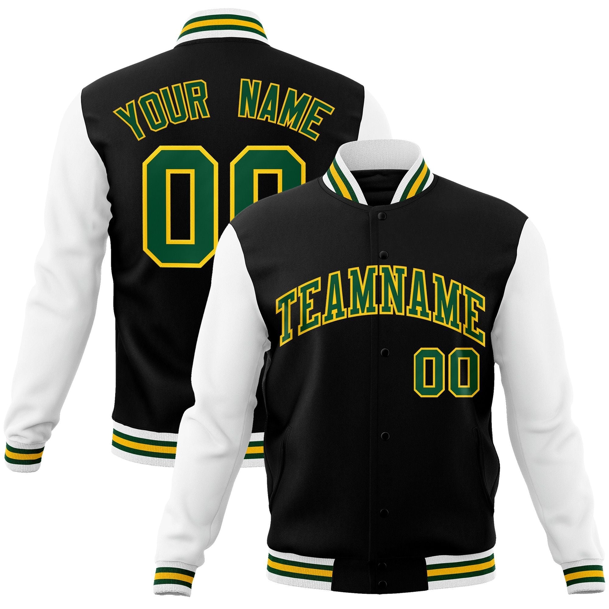 Custom Black Green-Gold Raglan Sleeves Varsity Full-Snap Letterman Jacket