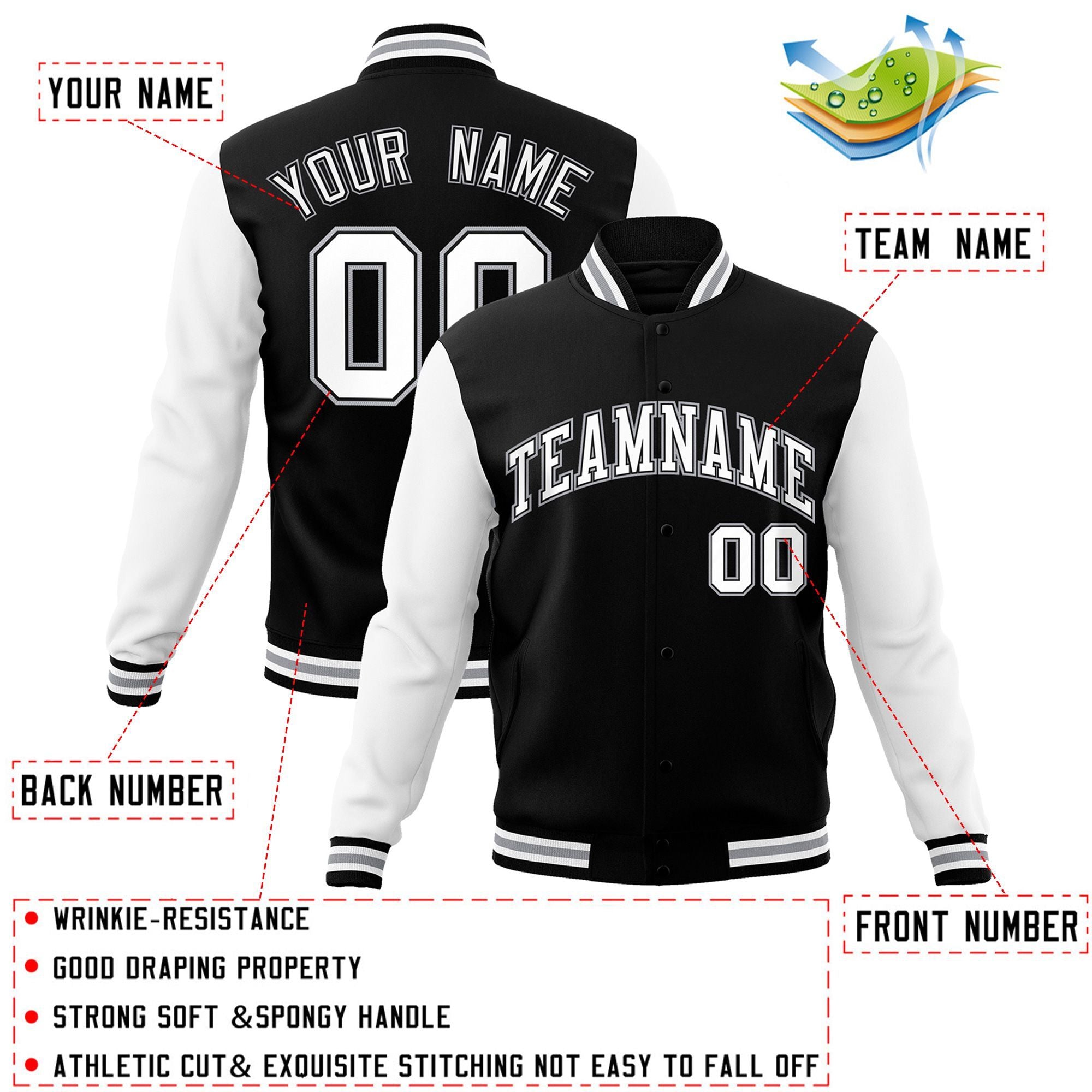 Veste Letterman Varsity Full-Snap à manches raglan personnalisées noir blanc-noir