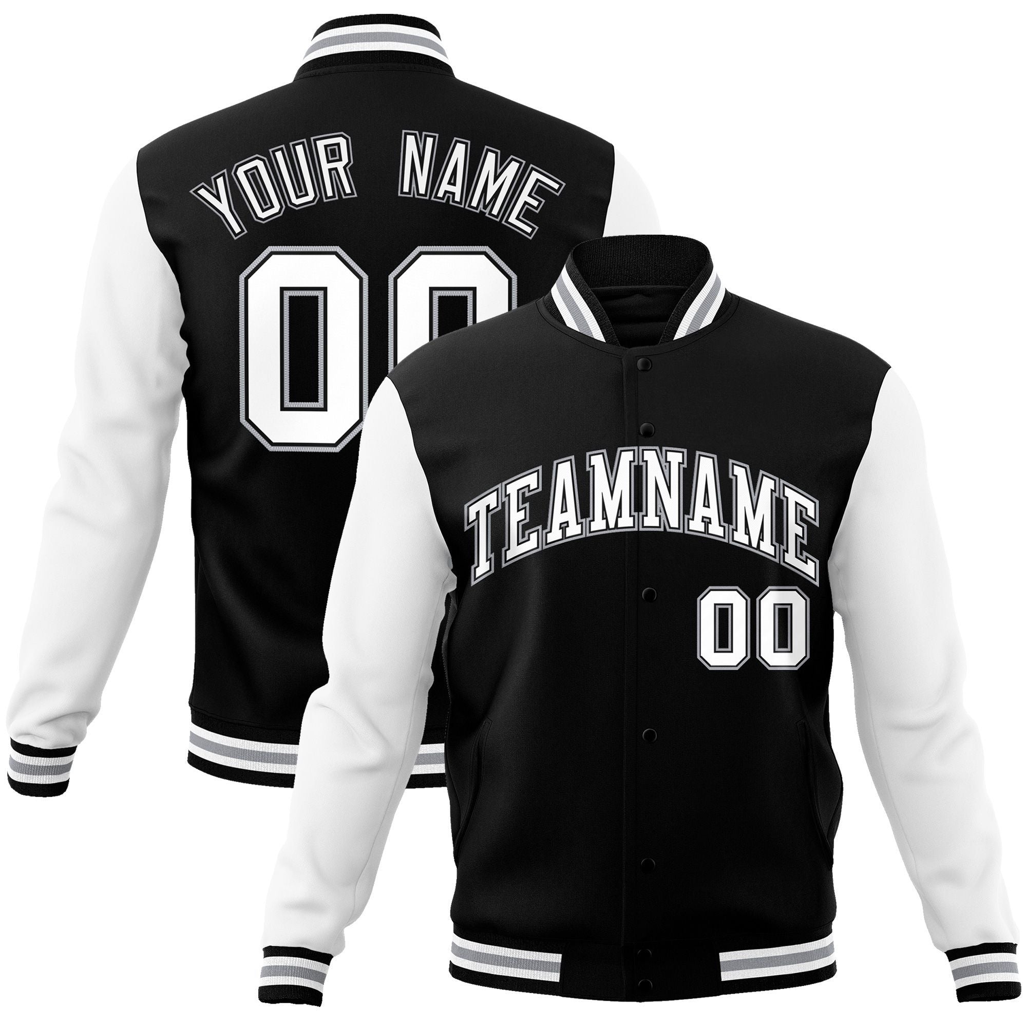 Custom Black White-Black Raglan Sleeves Varsity Full-Snap Letterman Jacket