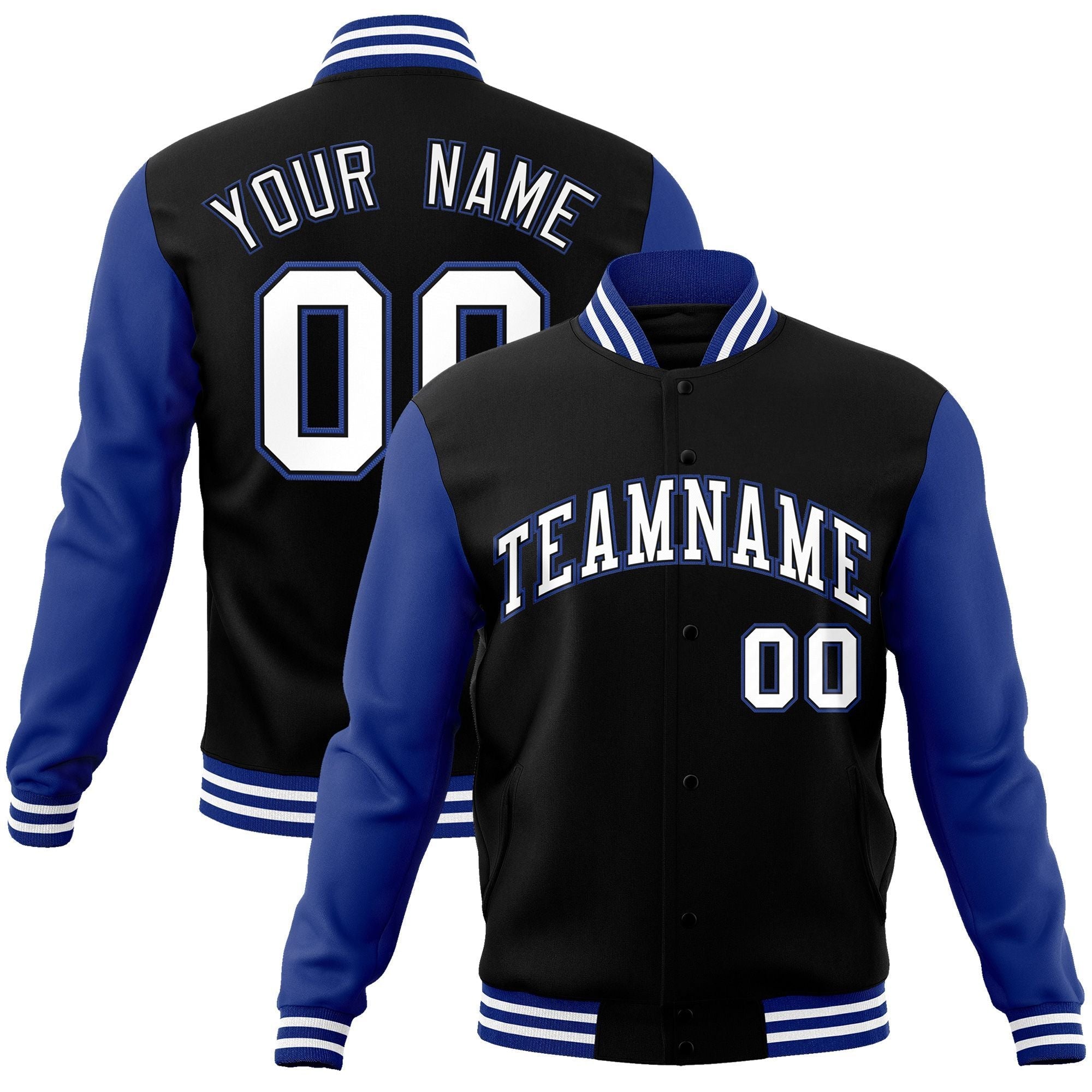 Custom Black White-Black Raglan Sleeves Varsity Full-Snap Letterman Jacket