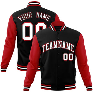 Custom Black White-Black Raglan Sleeves Varsity Full-Snap Letterman Jacket