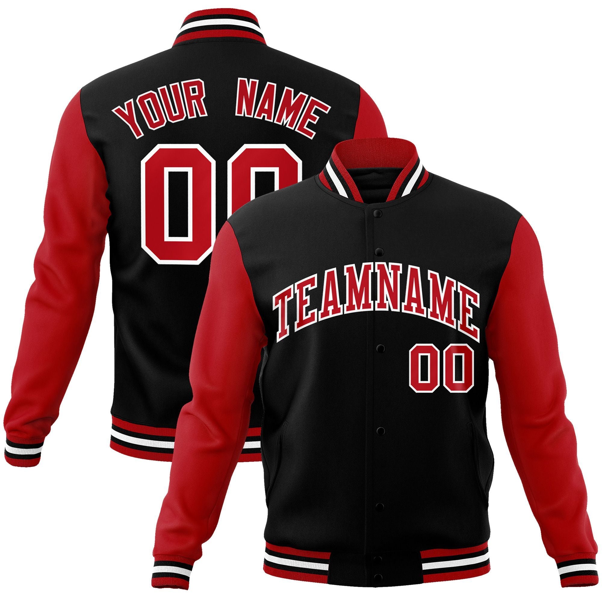 Custom Black Red-White Raglan Sleeves Varsity Full-Snap Letterman Jacket