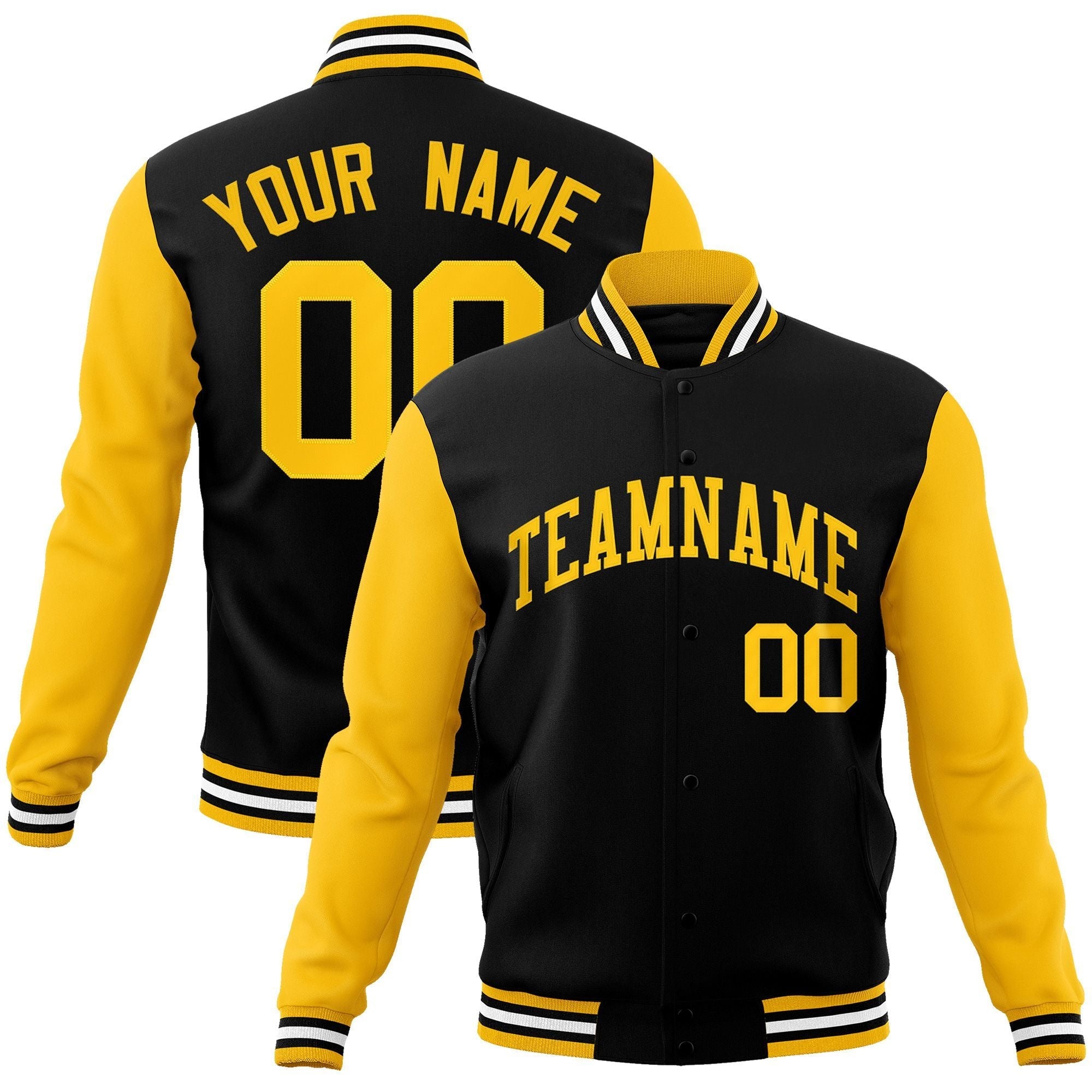 Custom Black Gold Raglan Sleeves Varsity Full-Snap Letterman Jacket