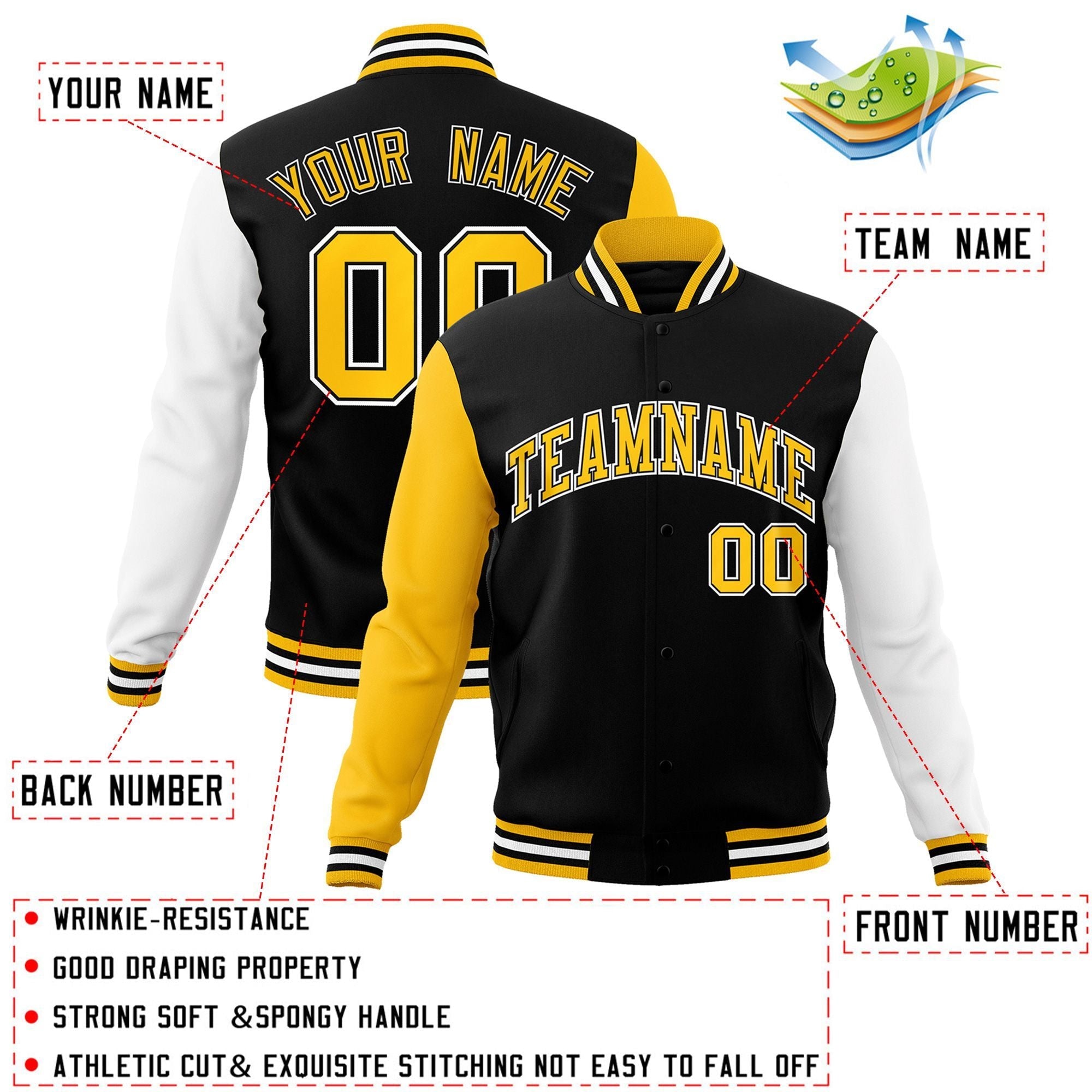 Custom Black Gold-Black Raglan Sleeves Varsity Full-Snap Letterman Jacket