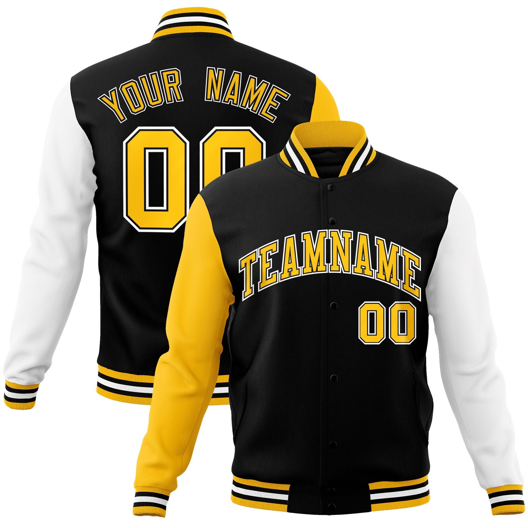 Custom Black Gold-Black Raglan Sleeves Varsity Full-Snap Letterman Jacket