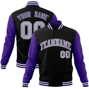 Custom Black Gray-Purple Raglan Sleeves Varsity Full-Snap Letterman Jacket