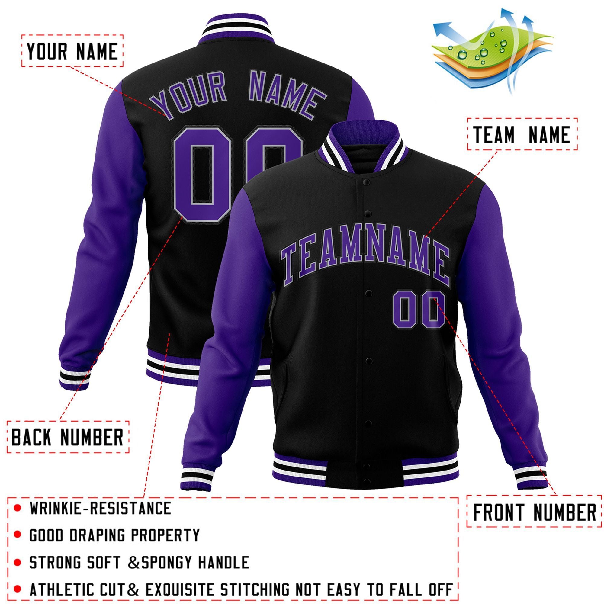 Veste Letterman Varsity Full-Snap à manches raglan personnalisées noir violet-blanc