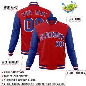 Veste Letterman Varsity Full-Snap à manches raglan rouge royal-rouge personnalisée