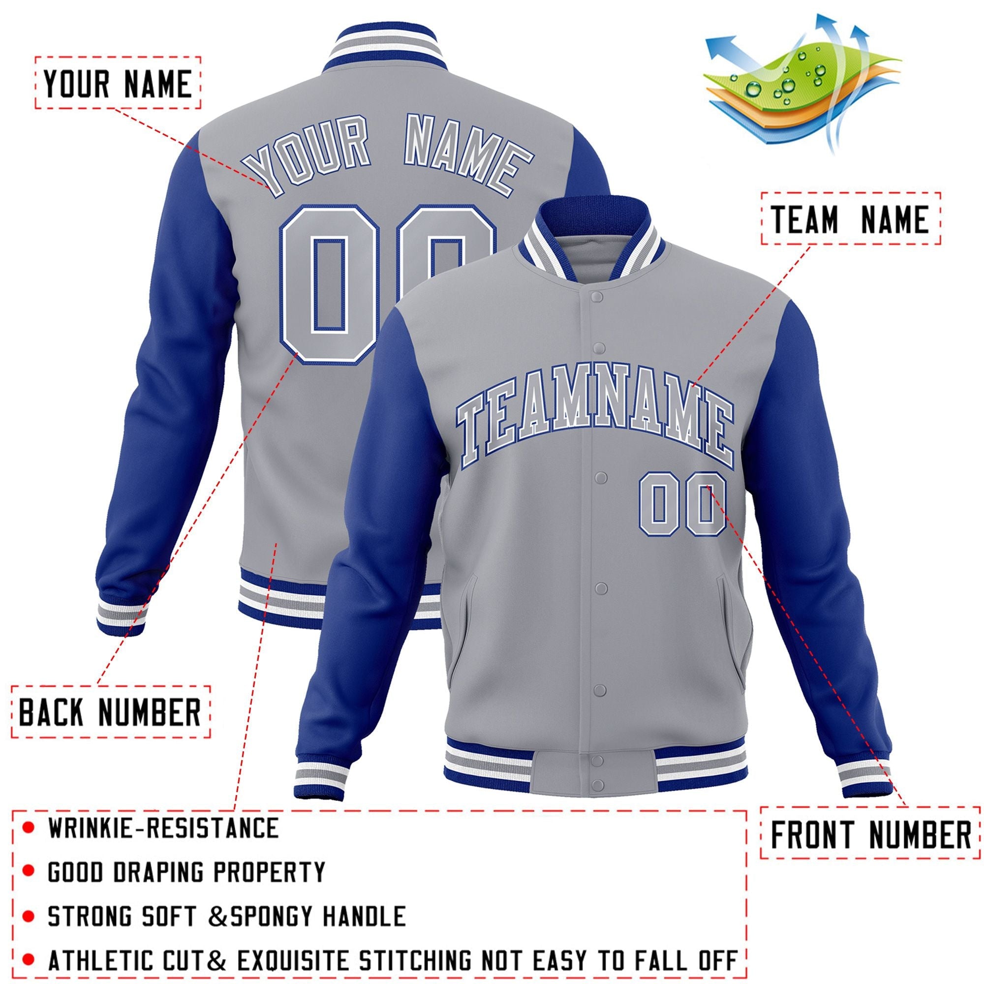 Custom Gray Gray-White Raglan Sleeves Varsity Full-Snap Letterman Jacket