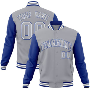 Custom Gray Gray-White Raglan Sleeves Varsity Full-Snap Letterman Jacket