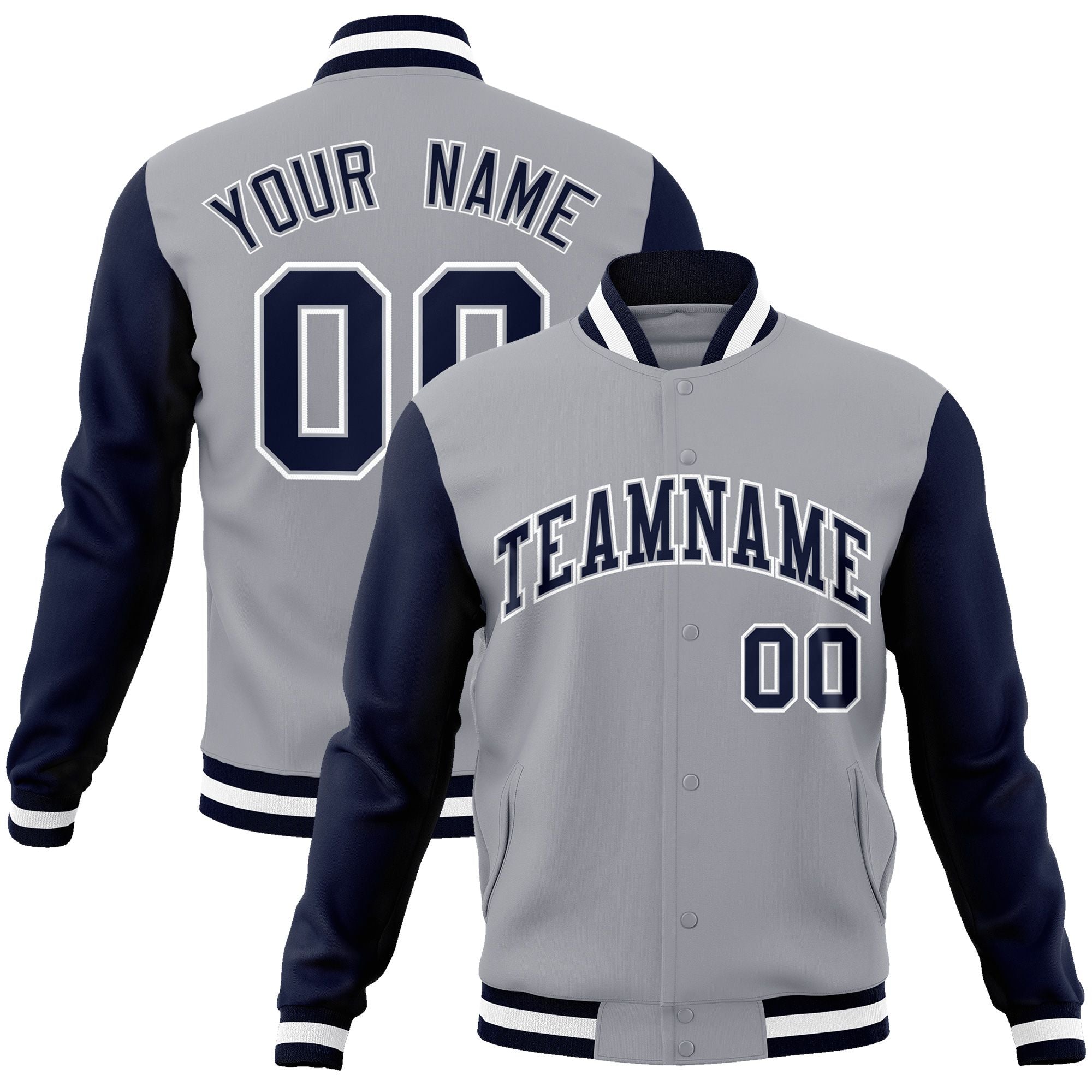 Custom Gray Navy-Gray Raglan Sleeves Varsity Full-Snap Letterman Jacket