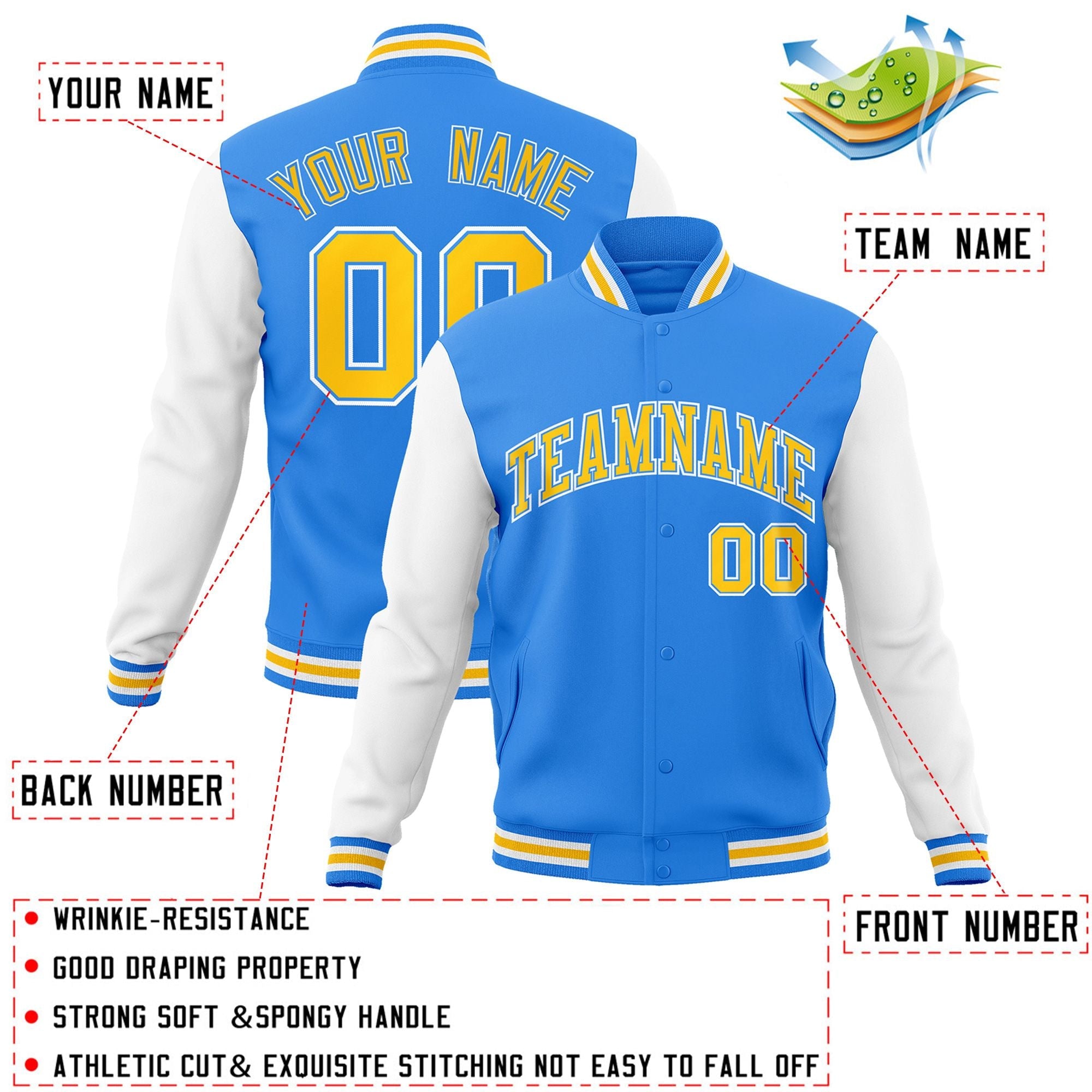 Custom Powder Blue Gold-Powder Blue Raglan Sleeves Varsity Full-Snap Letterman Jacket