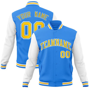 Custom Powder Blue Gold-Powder Blue Raglan Sleeves Varsity Full-Snap Letterman Jacket