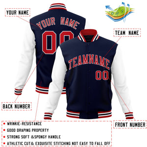 Veste Letterman Varsity Full-Snap à manches raglan personnalisées bleu marine et blanc