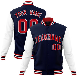 Custom Navy Red-White Raglan Sleeves Varsity Full-Snap Letterman Jacket