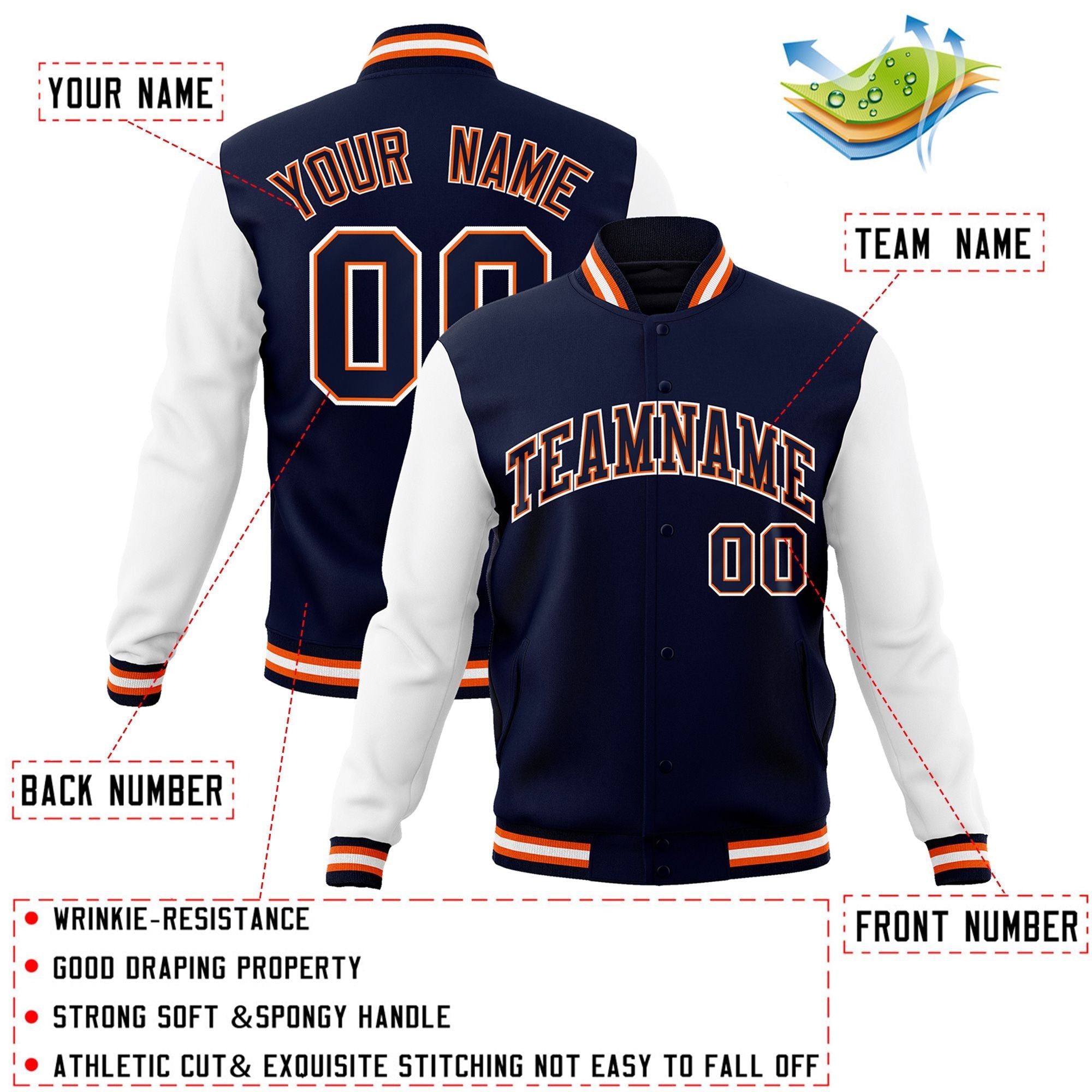 Custom Navy Navy-Orange Raglan Sleeves Varsity Full-Snap Letterman Jacket