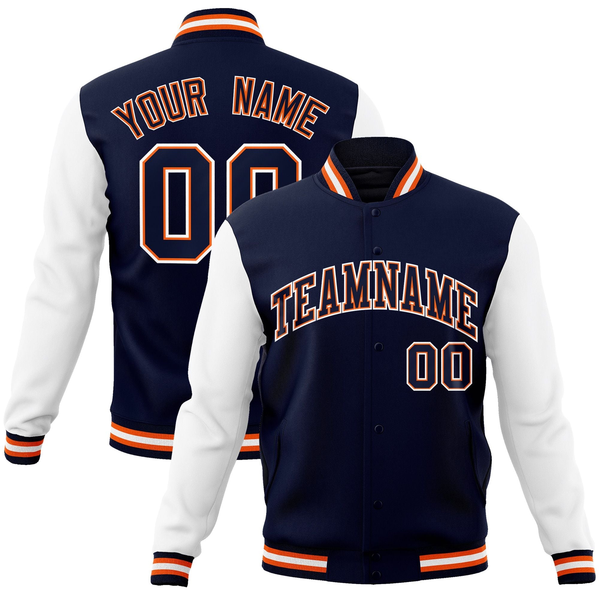 Custom Navy Navy-Orange Raglan Sleeves Varsity Full-Snap Letterman Jacket