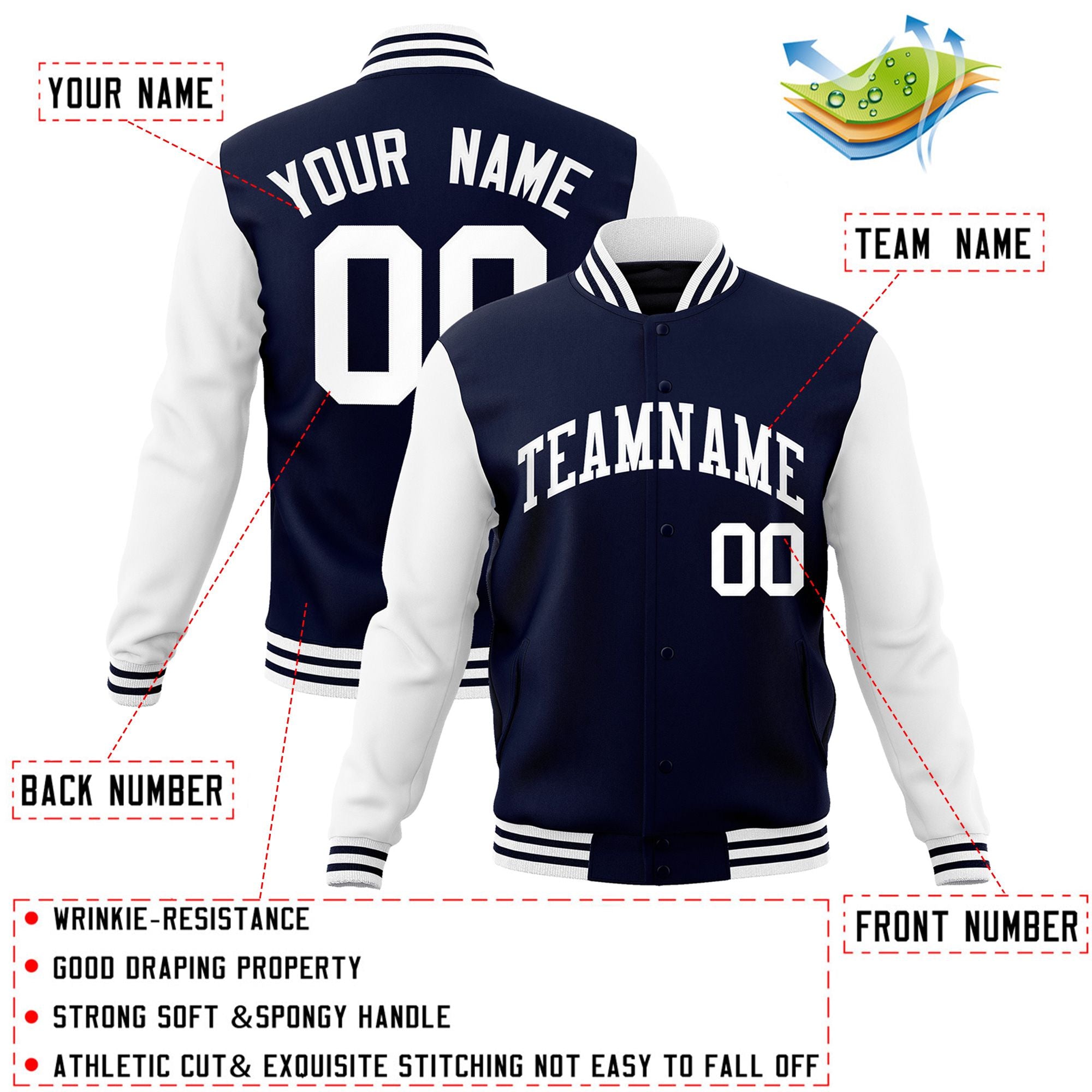 Custom Navy White Raglan Sleeves Varsity Full-Snap Letterman Jacket