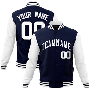 Custom Navy White Raglan Sleeves Varsity Full-Snap Letterman Jacket