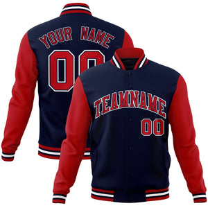 Veste Letterman universitaire à manches raglan rouge-marine personnalisée