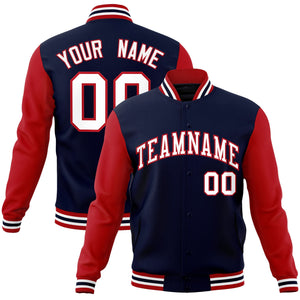 Custom Navy White-Red Raglan Sleeves Varsity Full-Snap Letterman Jacket