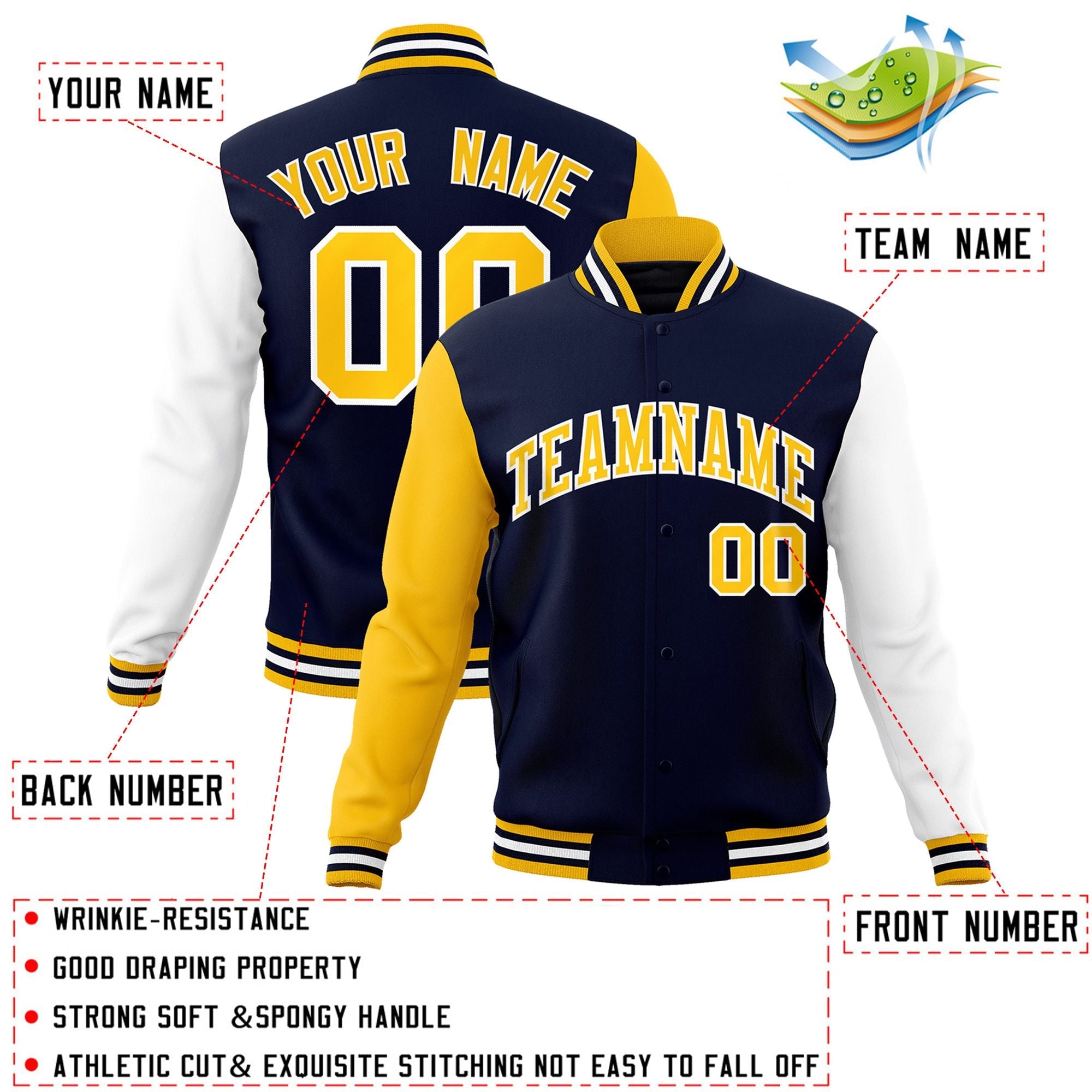 Custom Navy Gold-White Raglan Sleeves Varsity Full-Snap Letterman Jacket