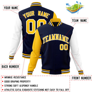 Custom Navy Gold-White Raglan Sleeves Varsity Full-Snap Letterman Jacket