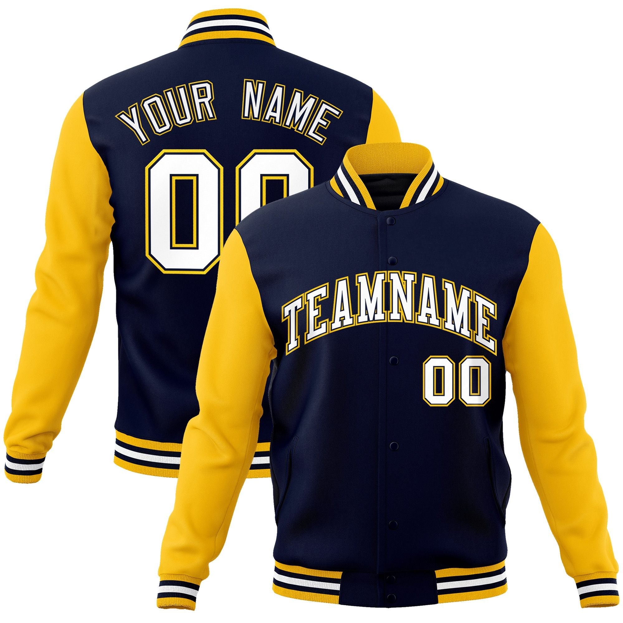 Custom Navy White-Navy Raglan Sleeves Varsity Full-Snap Letterman Jacket