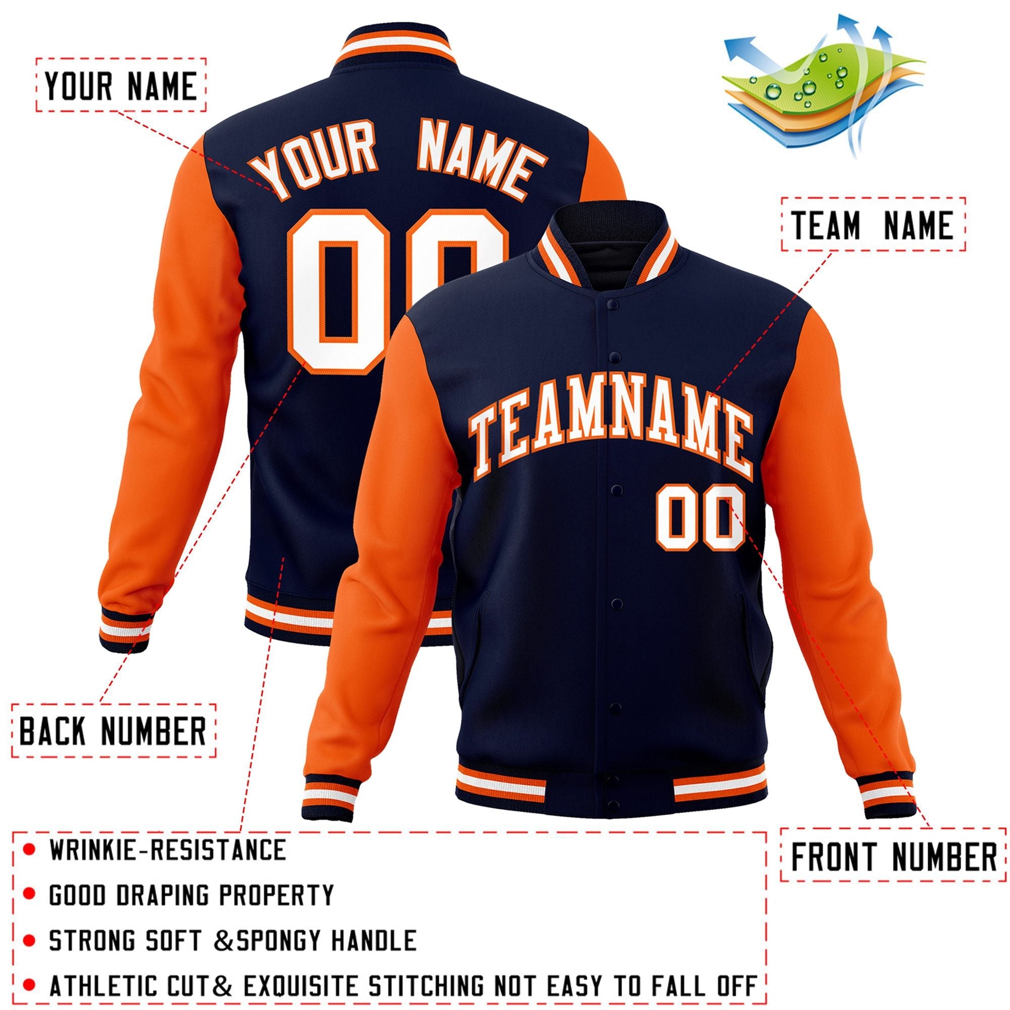 Custom Navy White-Orange Raglan Sleeves Varsity Full-Snap Letterman Jacket