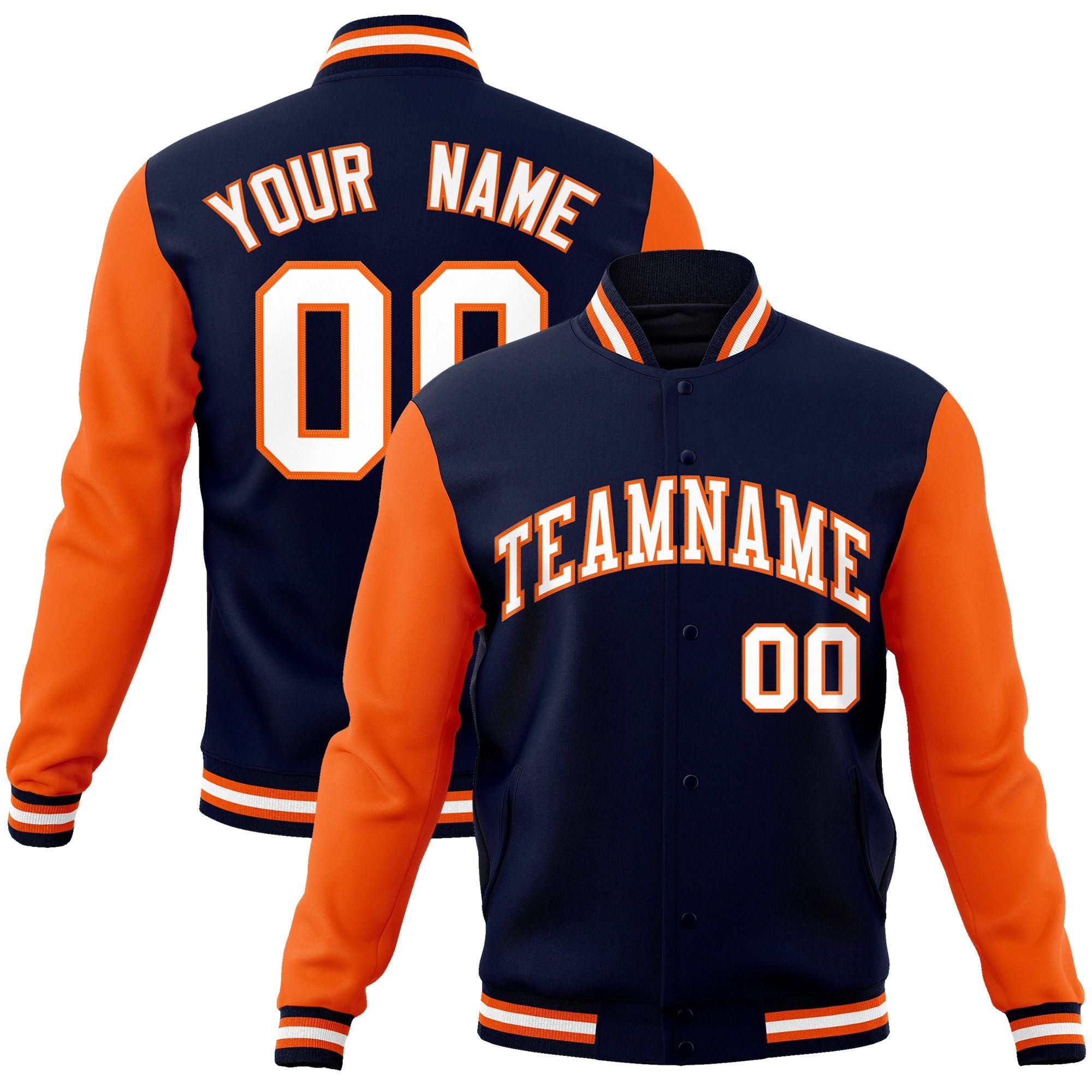 Custom Navy White-Orange Raglan Sleeves Varsity Full-Snap Letterman Jacket