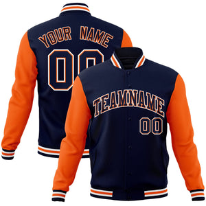 Custom Navy Navy-Orange Raglan Sleeves Varsity Full-Snap Letterman Jacket