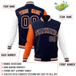 Veste Letterman Varsity Full-Snap à manches raglan bleu marine-orange personnalisée