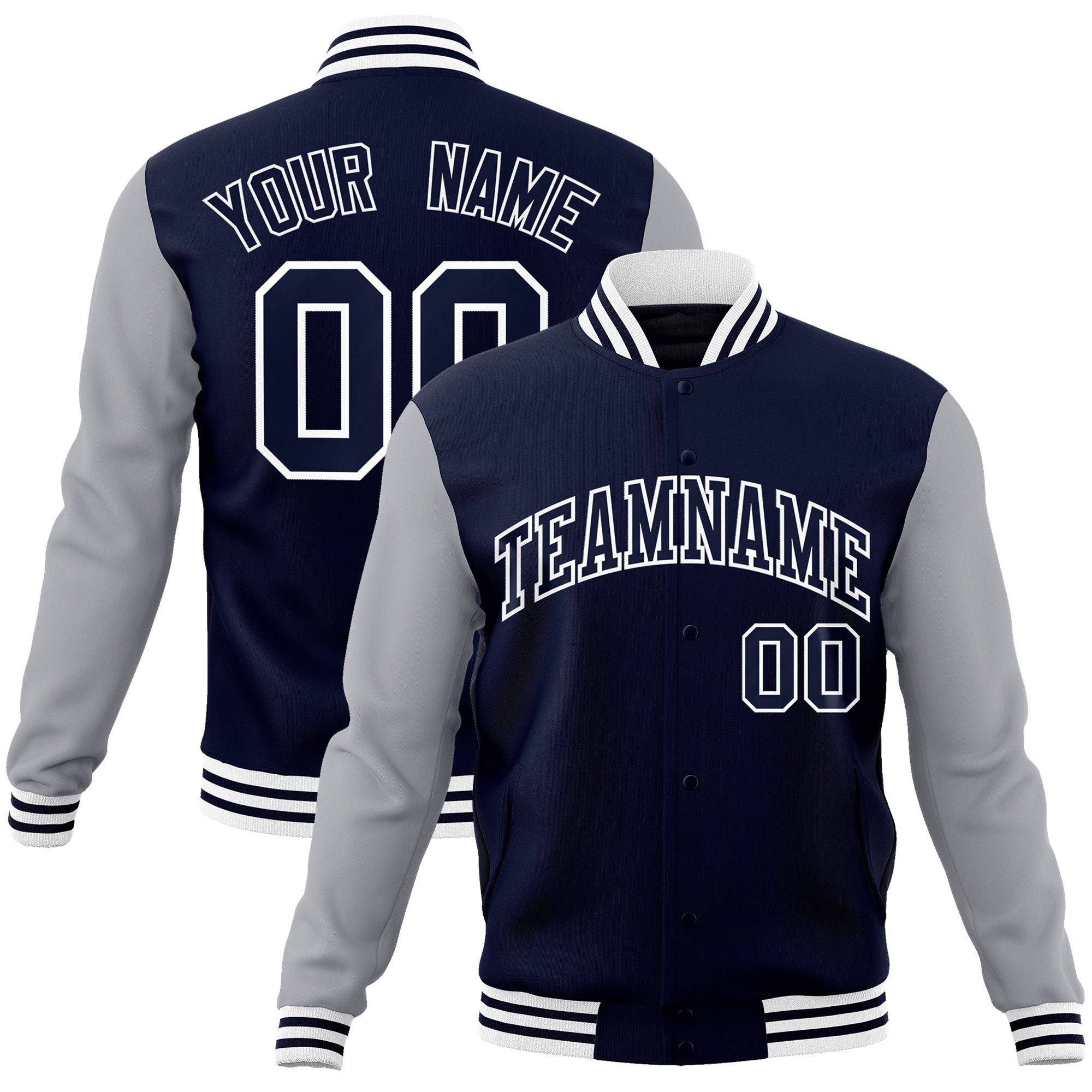 Custom Navy Navy-White Raglan Sleeves Varsity Full-Snap Letterman Jacket