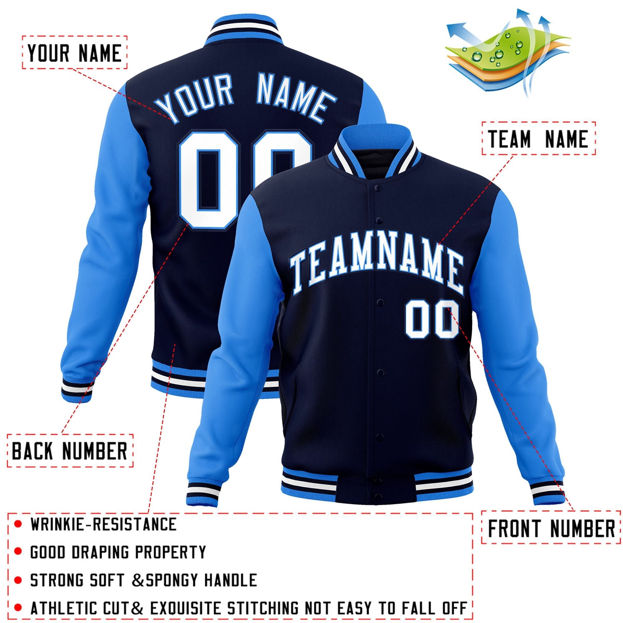 Veste Letterman Varsity Full-Snap à manches raglan bleu marine et bleu poudré personnalisée